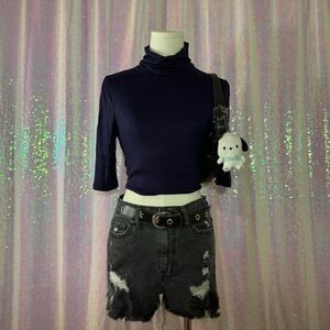 Navy Blue Short Sleeve Mockneck Top ★彡